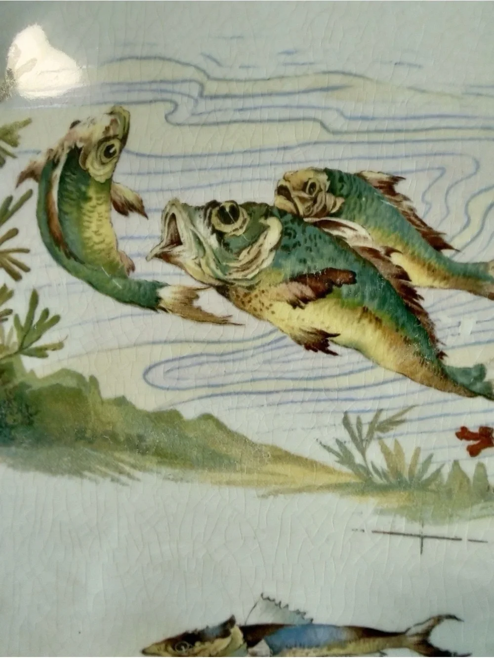 Antique Porcelain Fish Serving Platter Scalloped Gilt Transferware